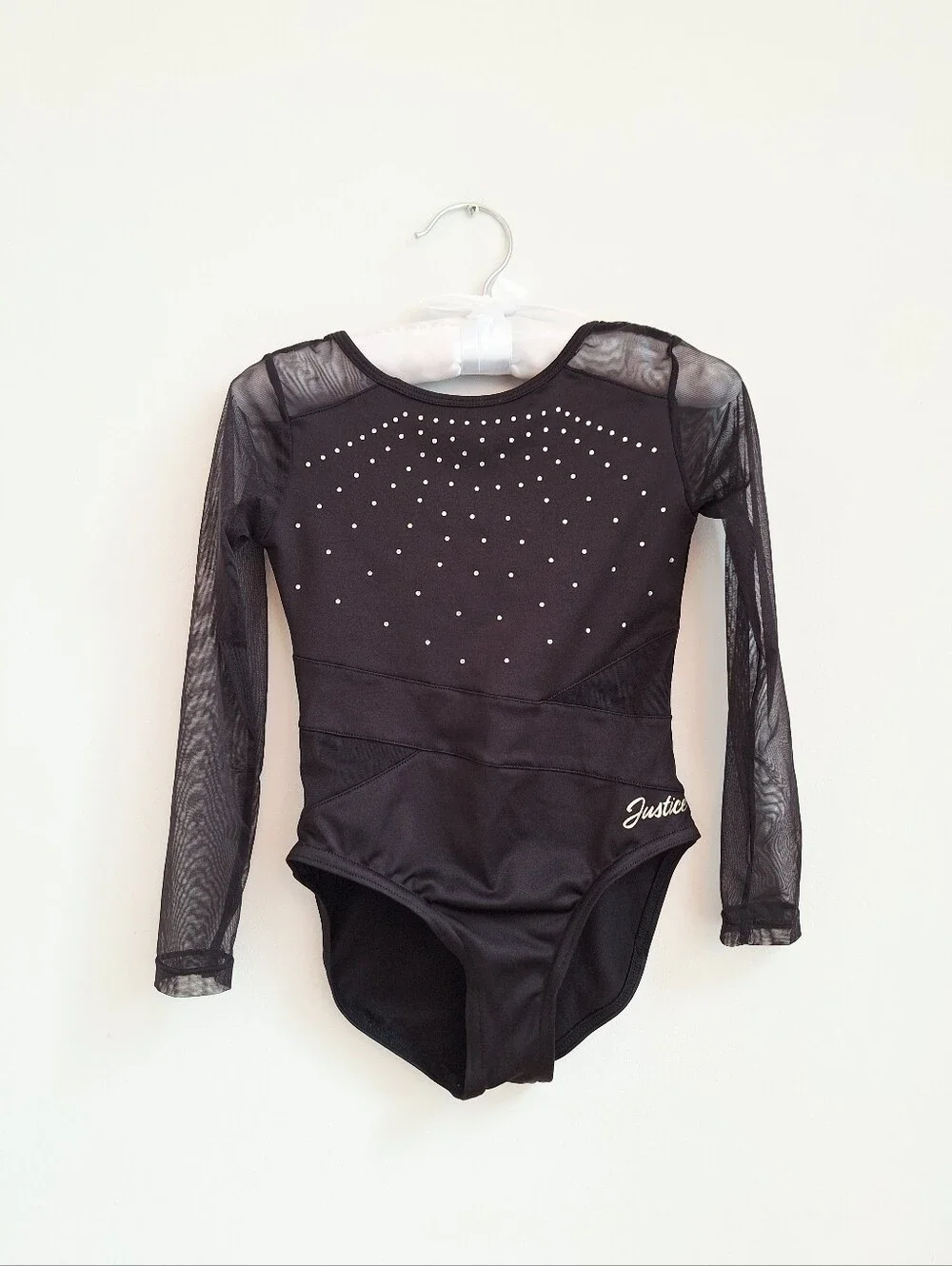 Justice Girls Black Rhinestone Mesh Long Sleeve Dance Gymnastics Leotard XS 5/6